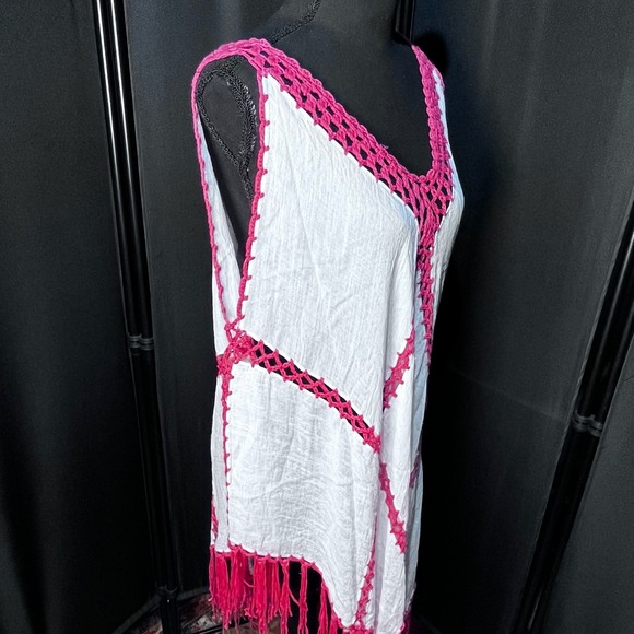 Boho Women Crochet Fringe Handkerchief Top White Pink One Size Festival - Picture 3 of 10